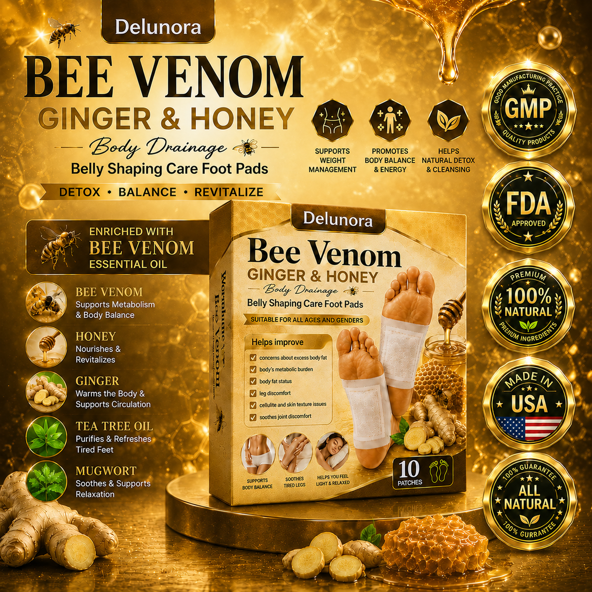 DeluNora® Bee Venom Ginger & Honey Foot Pads -JR-Alin