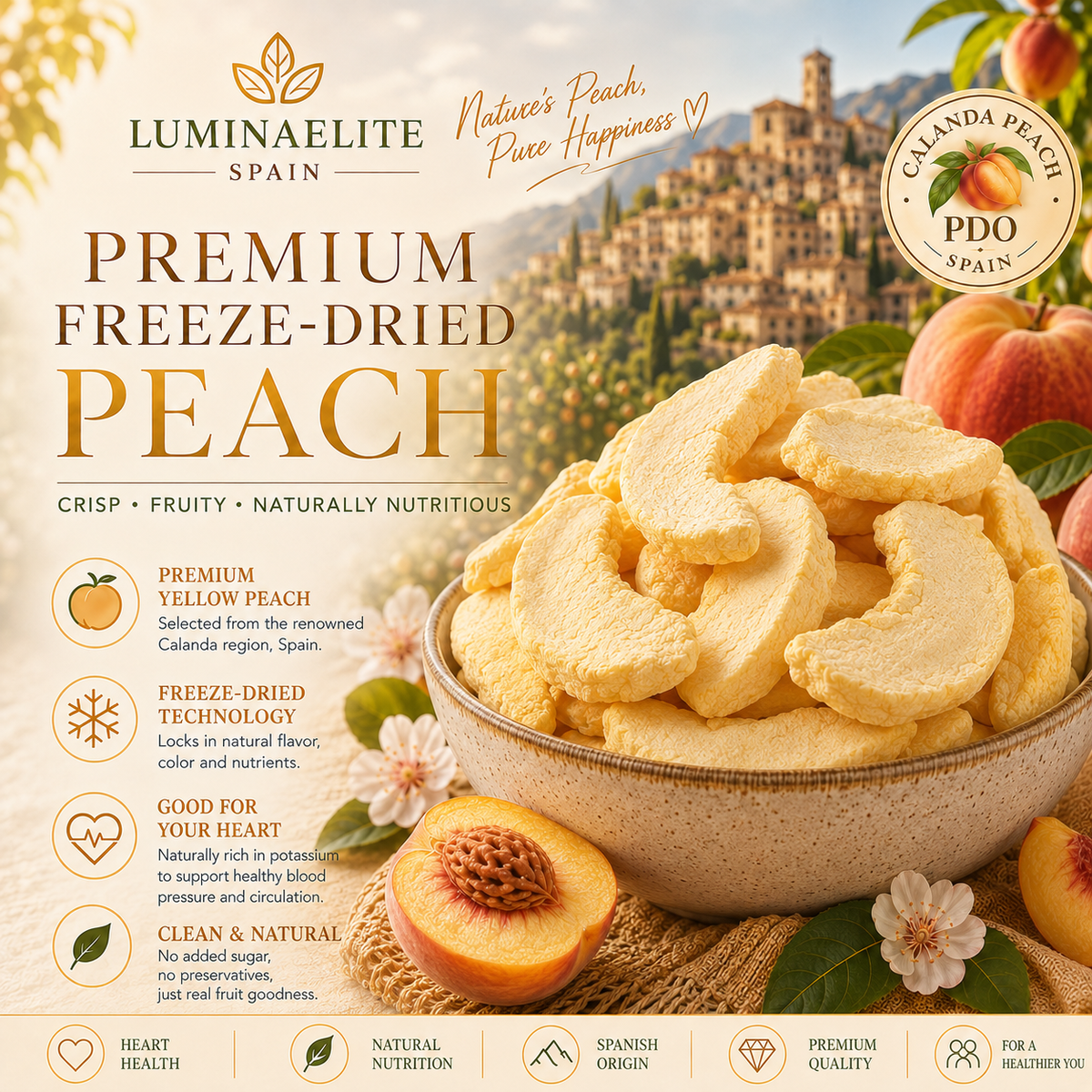 Premium Freeze-Dried Calanda Yellow Peaches — Naturally Sweet, Crispy, and Made with No Added Sugar.-JR-YH