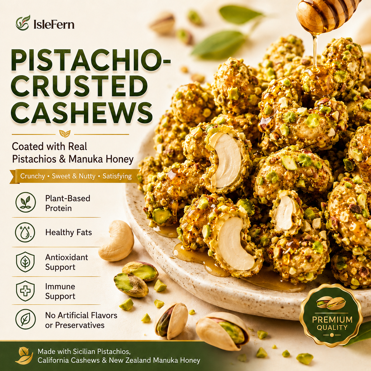 Artisan Pistachio-Crusted Cashews with Real Manuka Honey -JR-$AC