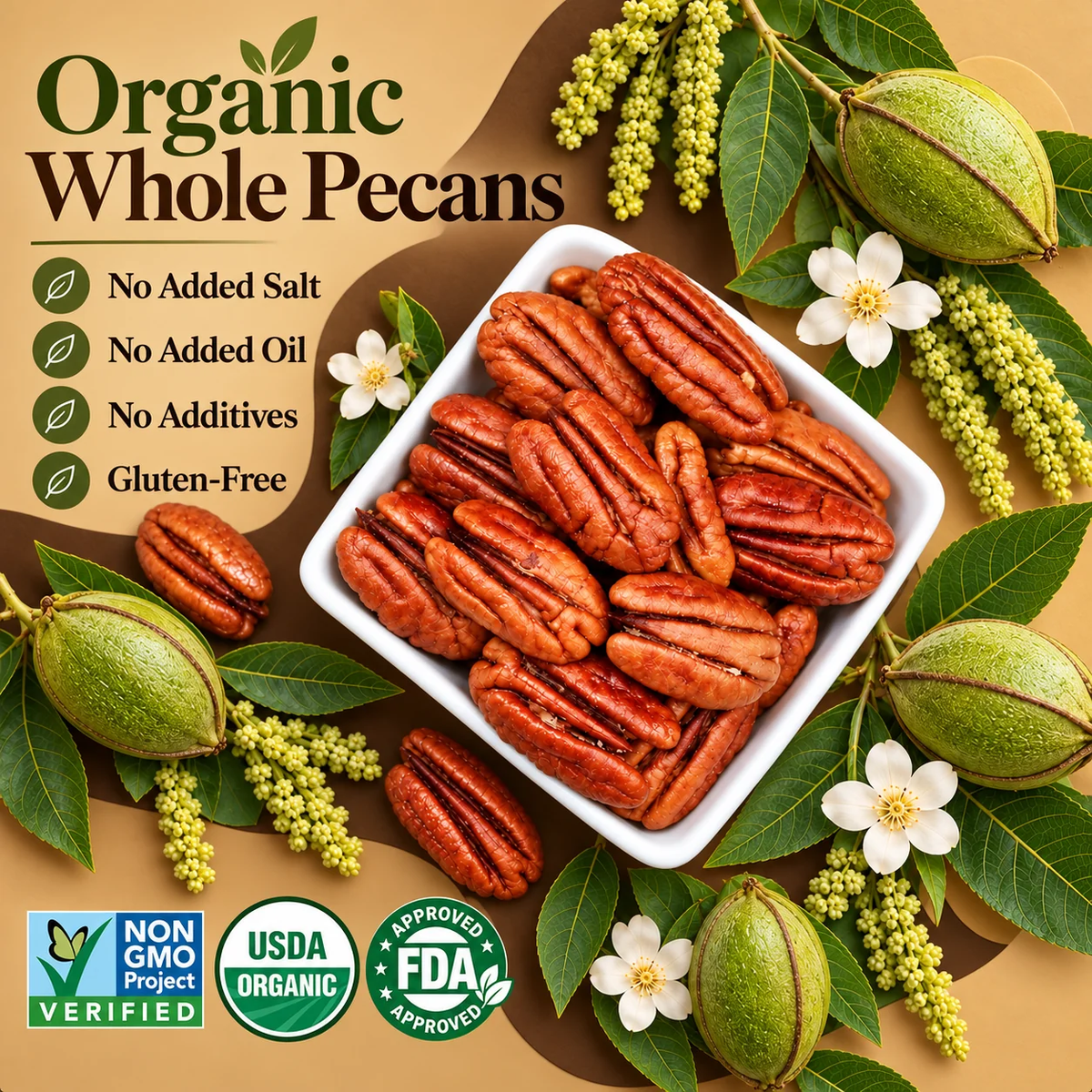 Organic Whole Pecans - Oil-FreeRoasted for the Perfect Balance ofHealth and Flavor-JR